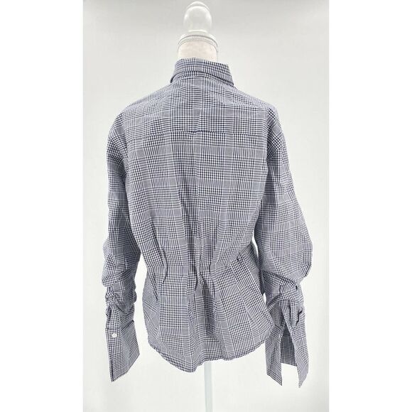 Pixie Market Blouse Sz M Blue Gingham Striped Collared Long Sleeve Ruched Peplum - Picture 4 of 7